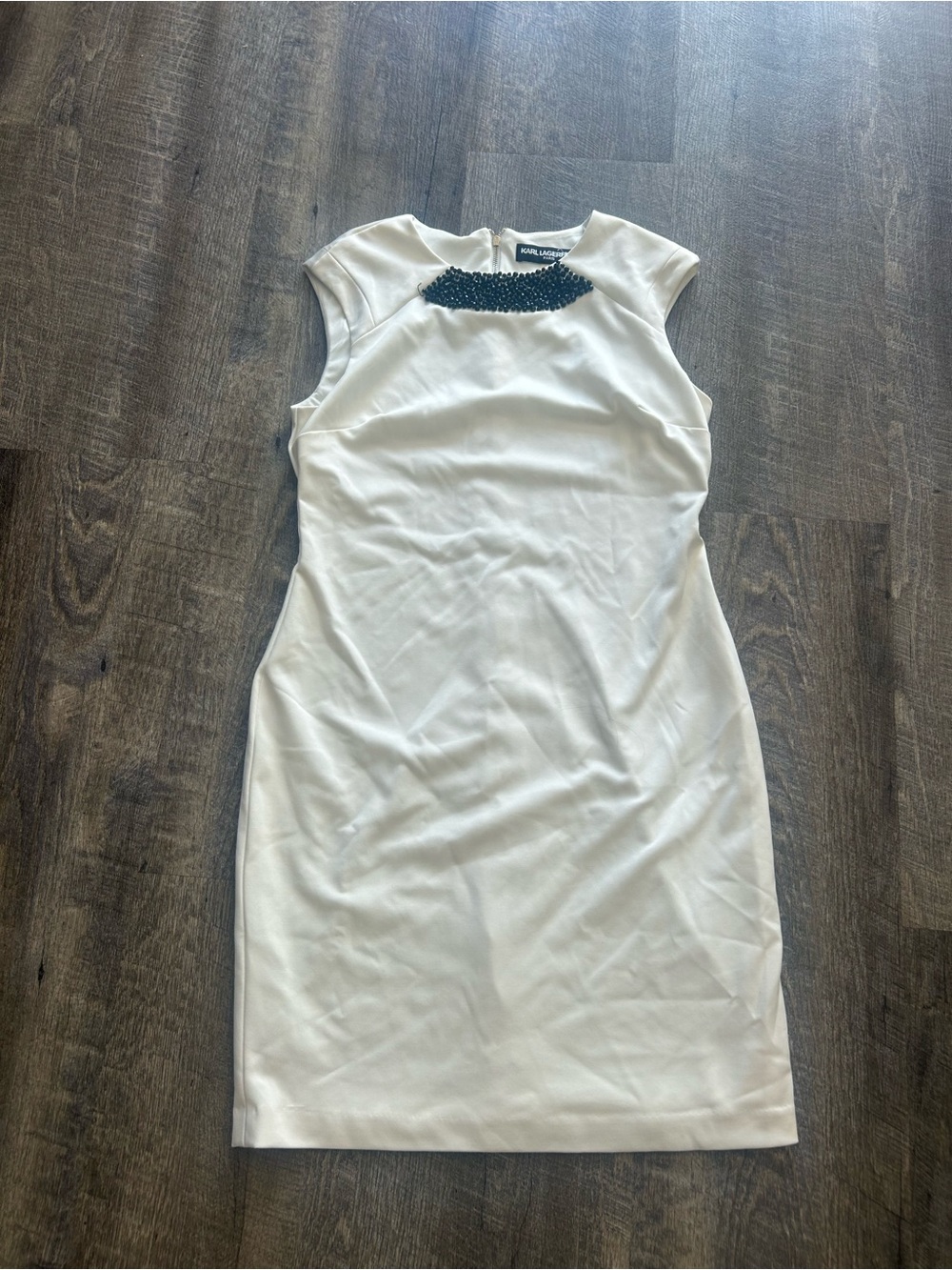 Karl Lagerfeld White Sheath Dress with Black Beaded Neckline